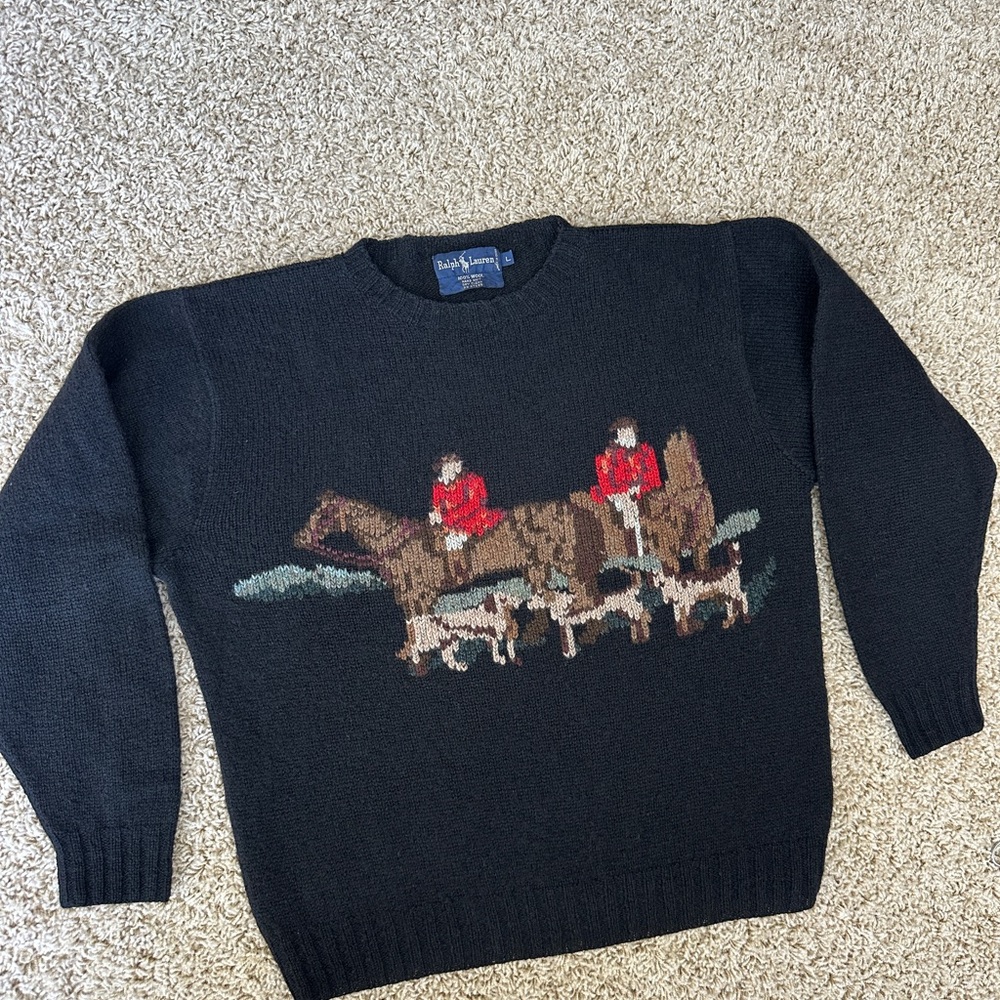 RARE - RALPH LAUREN Vtg Equestrian Horse English Hunt Wool Hand Knit Sweater L - Picture 9 of 15